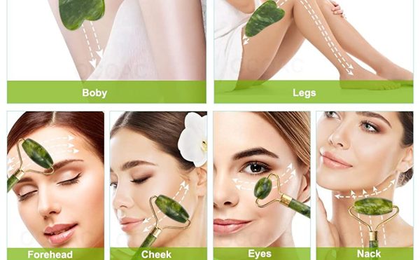 Anti Aging Jade Roller Massager and Gua Sha Set for Face, Eye, Neck