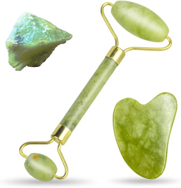 Anti Aging Jade Roller Massager and Gua Sha Set for Face, Eye, Neck