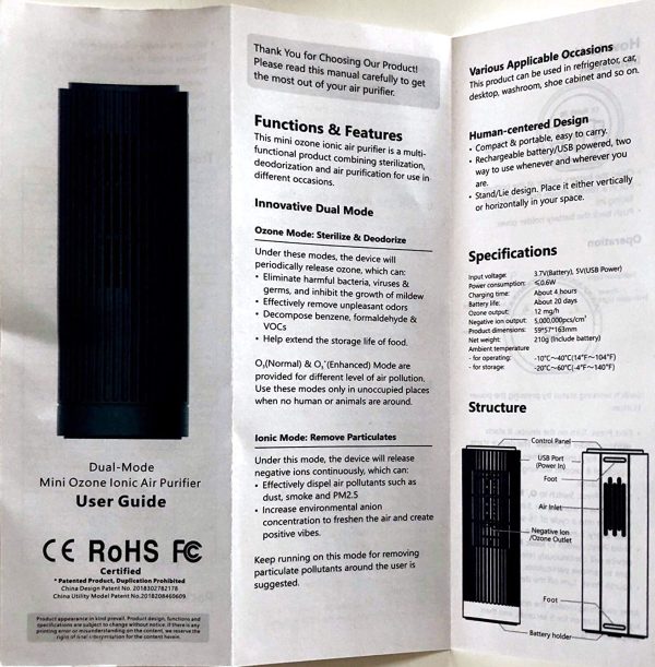 Multi-Functional Dual Mode Mini Ozone Ionic Portable Air Purifier