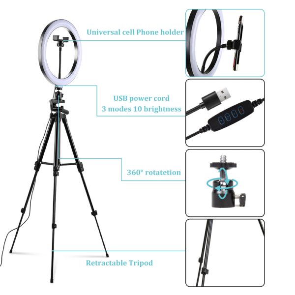 H05aae59a01ea45fc9f078082fb67c8aaC 10'' Inch Ring Light with Tripod Stand
